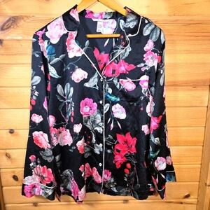 Victoria's Secret Satin Pajama Top Black Floral Long Sleeve Button Womens Medium